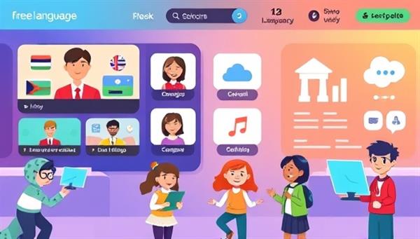 A vibrant and colorful digital interface displaying virtual language exchange sessions, interactive lessons, and cheerful avatars engaging in language learning activities, creating a dynamic and fun learning environment.