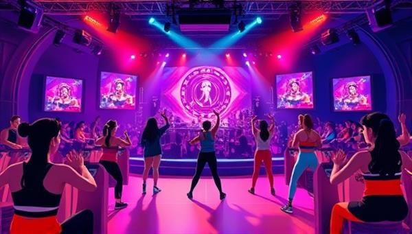 An energetic digital illustration showcasing users participating in a virtual fitness class with a live music concert backdrop, featuring vibrant visuals, workout animations, and concert lighting effects, capturing the synergy of fitness and music fusion.