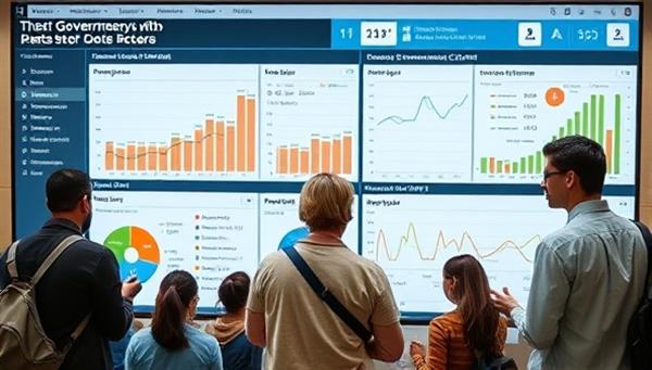An interactive data visualization dashboard displaying graphs and charts on government spending, project timelines, and performance metrics, with a group of engaged citizens and journalists analyzing the data together, symbolizing transparency and collaborative oversight.