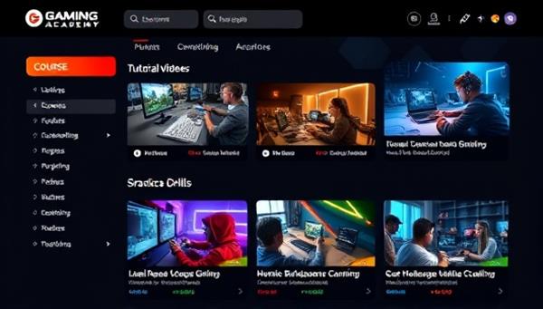 An online gaming academy interface featuring course listings, tutorial videos, and skill development resources, with images of students engaging in virtual coaching sessions and practice drills, symbolizing growth and improvement in gaming skills.