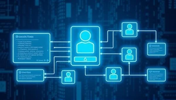 An illustration of a digital identity verification process using blockchain technology, with data blocks linking together securely to authenticate user information, ensuring transparency, security, and trust in online transactions.