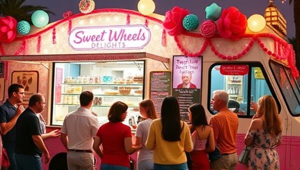 A vibrant and colorful dessert food truck adorned with whimsical decorations and a diverse array of decadent desserts on display, with customers eagerly lining up to indulge in sweet treats, capturing the joyful and indulgent atmosphere of Sweet Wheels Delights.