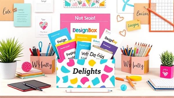 An artistic representation of a beautifully designed subscription box filled with colorful design tools, resources, and inspirational items, surrounded by a creative workspace setup, evoking a sense of excitement and anticipation for the DesignBox Delight monthly package.