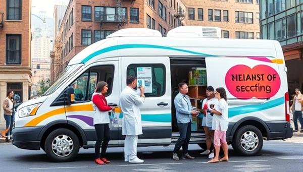 An image of a vibrant mobile van parked in a bustling urban neighborhood, with healthcare professionals conducting screenings for a diverse group of individuals, showcasing accessibility and proactive health monitoring on-the-go.