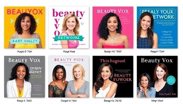 A visually captivating graphic featuring a collection of podcast cover art designs for different beauty-themed shows within the Beauty Vox Network, showcasing vibrant colors, diverse hosts, and engaging titles, reflecting a dynamic and inclusive beauty podcasting community.