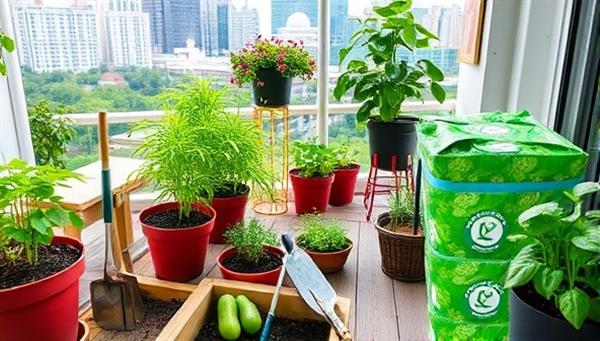 A vibrant urban garden scene with potted plants, gardening tools, and fresh produce growing on a balcony, surrounded by cityscape views and greenery, representing the urban farming experience facilitated by CityHarvest Farm Kits.