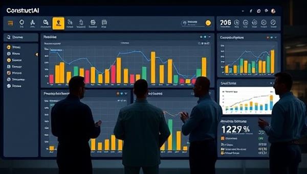 An interactive dashboard of the ConstructAI Manager platform displaying project timelines, resource allocation charts, and cost tracking features, with construction project managers collaborating in real-time and making data-driven decisions, showcasing the power of AI in project management.