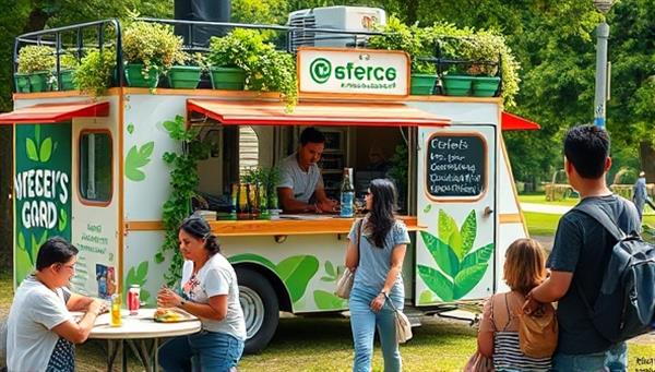 A vibrant food truck adorned with green plants and eco-friendly slogans, surrounded by happy customers enjoying their sustainable meals in a park setting, conveying a sense of community and environmental awareness.