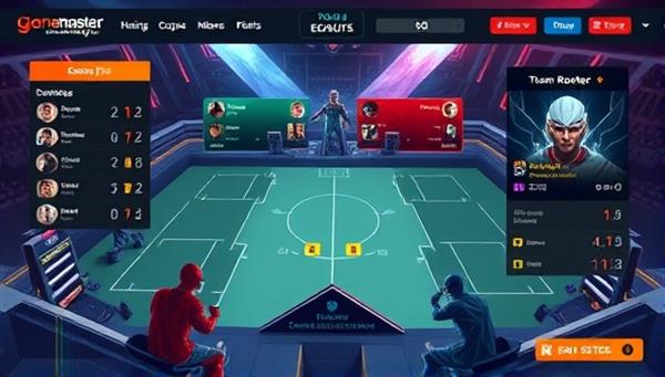 An illustration of a dynamic fantasy esports league interface on the GameMaster Fantasy platform, featuring customizable team rosters, real-time player statistics, and interactive gameplay elements, showcasing the immersive and competitive nature of the gaming experience.