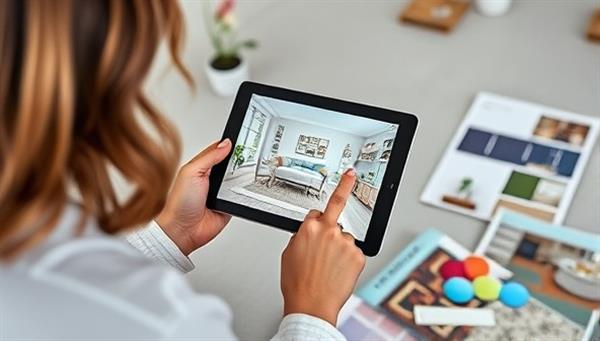 An interior designer using the ARchitect Interiors app on a tablet, superimposing virtual furniture and decor elements onto a room, surrounded by design magazines and color swatches, showcasing the versatility and convenience of the AR design tool.