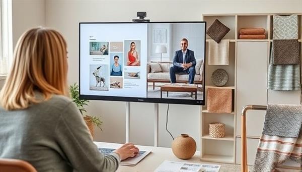 A virtual design consultation session featuring a designer presenting a mood board and design concept to a client via video call, with digital design tools and samples of fabrics and materials displayed in the background, creating a collaborative and creative design environment.