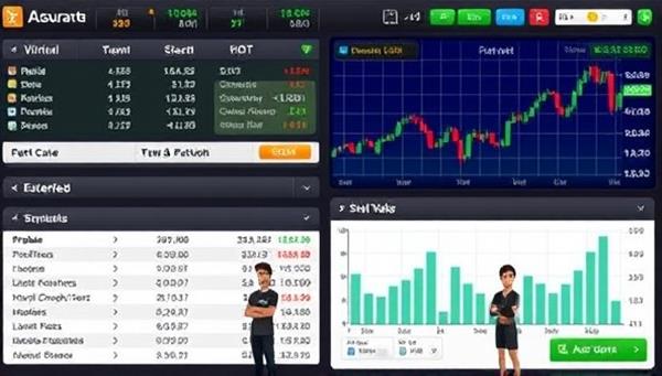 A digital stock market simulation interface featuring virtual stock portfolios, market charts, and trading tools, with animated avatars representing users making strategic investment decisions, creating an engaging and educational trading environment.