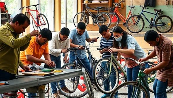 An engaging visual of a diverse group of people working together to repair bicycles in a vibrant community setting, with tools, spare parts, and bicycles in the background, illustrating a collaborative and supportive bike repair network.