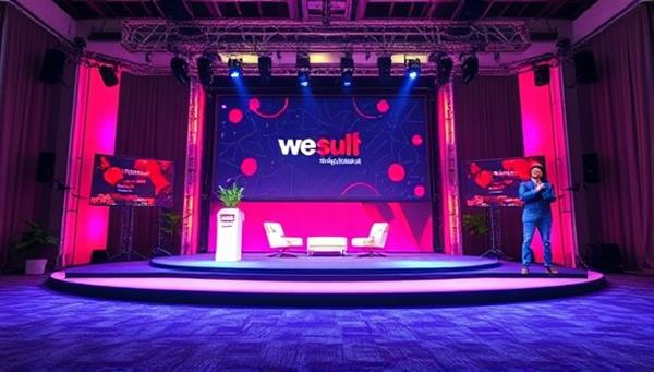 A dynamic virtual event setup featuring a digital event stage, interactive audience engagement tools, branded event decorations, and a professional event planner coordinating the virtual experience, conveying a sense of innovation and engagement in the online event space.