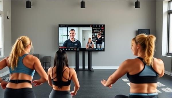 A dynamic virtual fitness class scene with FitSphere Online coaches leading a group workout session through a video call, surrounded by energetic participants and motivational workout gear, inspiring viewers to join the fitness community.