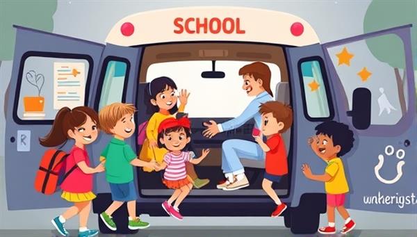 A heartwarming digital illustration featuring a group of diverse children happily getting into a carpool van with a friendly driver, surrounded by school-themed elements and safety symbols, evoking a sense of trust, community, and child-friendly transportation services.