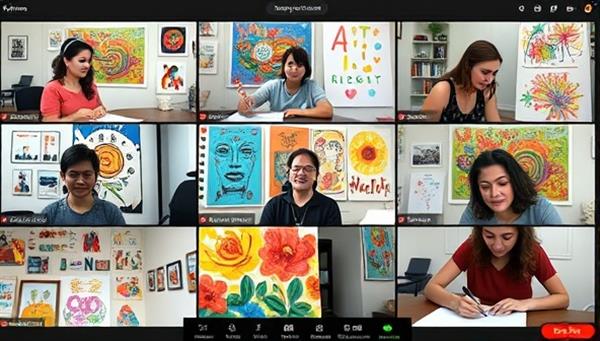 An online art therapy session snapshot showcasing participants engaged in expressive art-making activities, colorful artworks, and a supportive virtual group environment, fostering emotional release and healing through creative expression.