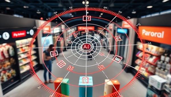 An AI-powered radar scanning through a digital shopping landscape, highlighting personalized product recommendations popping up around users based on their preferences and shopping behavior, illustrating the platform