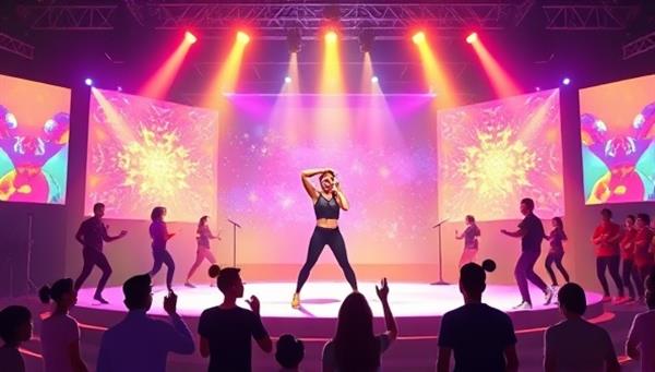 An illustration of a virtual fitness concert with a fitness instructor leading a workout session on a vibrant digital stage, surrounded by virtual participants following along to the music, creating a dynamic and energetic atmosphere for the virtual workout experience.