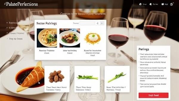 An interactive virtual platform interface displaying a selection of gourmet dishes, wine glasses, and tasting notes, with users exploring and selecting different pairings to create personalized flavor combinations, highlighting the sensory experience and educational aspect of PalatePerfection
