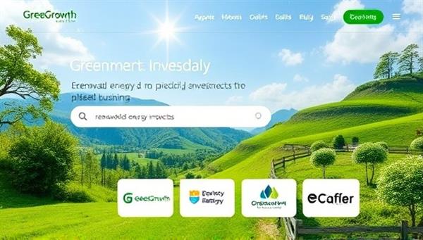 An eco-friendly investment platform interface featuring lush green landscapes, renewable energy projects, and sustainable business logos, conveying a sense of environmental consciousness and responsible investing offered by GreenGrowth Investments.