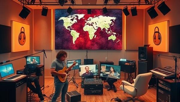 An artistic and musical visualization of an online music collaboration session, showing musicians from different parts of the world creating music together in a virtual studio environment, with instruments, recording equipment, and creative inspiration surrounding them, symbolizing harmony and unity through music.