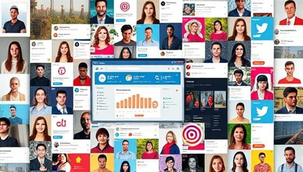 An artistic collage of diverse social media profiles with engagement metrics, overlaid with a digital interface displaying campaign analytics and success indicators, representing the virtual connection between businesses and influencers.