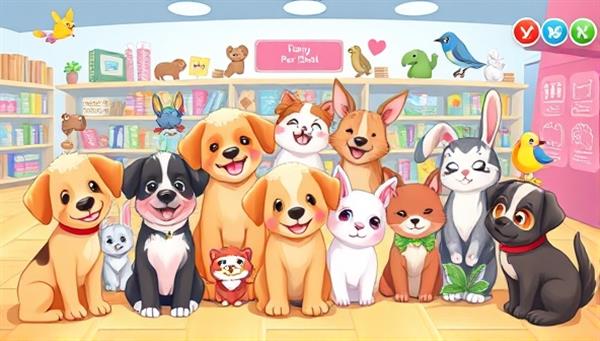 A colorful and heartwarming illustration of diverse virtual pets, such as dogs, cats, rabbits, and birds, displayed in a digital adoption center with vibrant backgrounds and interactive elements, evoking feelings of joy and companionship.