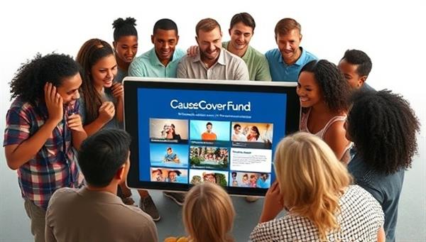 A diverse group of people of different ages and backgrounds gathered around a digital screen displaying the CauseCover Fund platform, with images of various social causes and community projects, symbolizing collective support and impact through insurance crowdfunding.