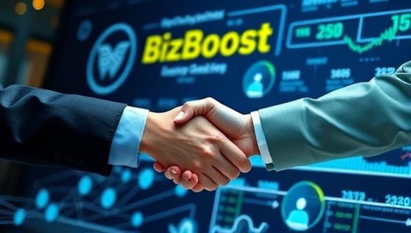 An engaging visual representation of small business owners and investors shaking hands over a digital interface, symbolizing trust and collaboration within the BizBoost Lend peer-to-peer lending network, with virtual money transfer animations in the background illustrating the lending process.