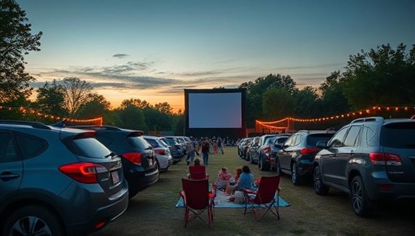 A picturesque outdoor setting at dusk, showcasing parked cars facing a large movie screen with families and friends lounging on blankets and chairs, enjoying a movie under the open sky, evoking a sense of nostalgia and community bonding.