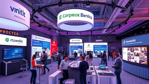 An immersive virtual event space showcasing various branded sponsorships integrated seamlessly into the online environment, highlighting the interactive and engaging opportunities for sponsors to connect with virtual event attendees.