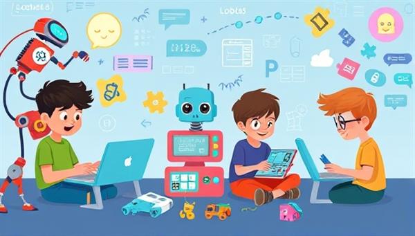 A colorful and playful illustration of kids engaged in coding activities on laptops and tablets, surrounded by robots, code snippets, and digital puzzles, fostering a fun and interactive learning environment for young coders.