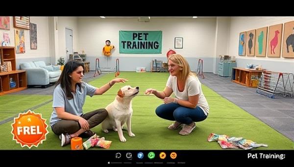 An online pet training session with a certified animal behaviorist demonstrating training techniques and commands to a pet owner, surrounded by pet training props, treats, and toys. The background showcases a virtual pet training area with agility equipment, training mats, and interactive pet training games, creating a fun and educational pet training environment.