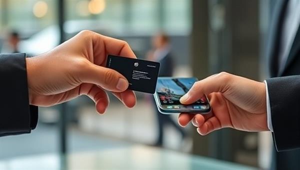 An image of a professional exchanging an AR business card with a client, showcasing the interactive AR features that pop up on the recipient