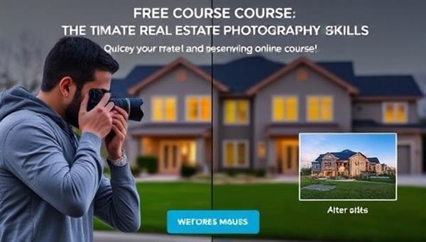 An online course advertisement featuring a professional real estate photographer capturing a stunning property image, with before-and-after editing examples, showcasing the transformational impact of mastering real estate photography skills.