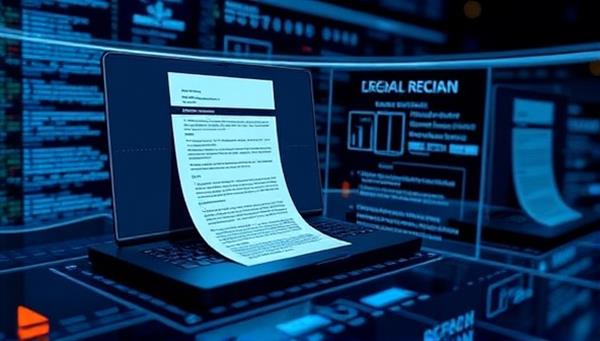 An innovative visual representation of LexiScan AI in action, with legal documents being scanned and analyzed by AI algorithms on a digital interface, highlighting the speed and accuracy of the tool in document review tasks, emphasizing efficiency and precision.
