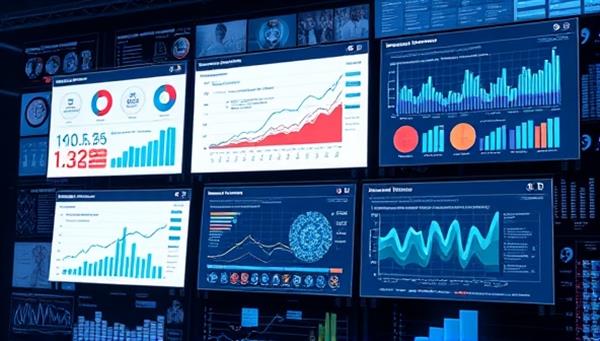 A sophisticated visualization of health data analytics dashboards on multiple screens, displaying real-time metrics, trends, and predictive insights, surrounded by medical charts and digital health information, highlighting the cutting-edge analytics services offered by HealthData Insights.