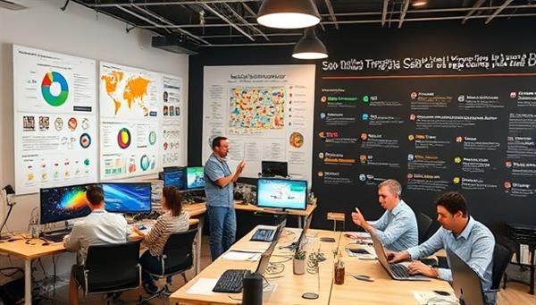 A dynamic data visualization studio workspace featuring a team of designers and analysts working on interactive visualizations, charts, and maps, with colorful data sets displayed on large screens, creative brainstorming sessions, and a wall of client testimonials and project success stories, reflecting innovation, collaboration, and impactful storytelling through data.