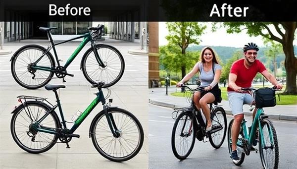 A montage of before-and-after images showing a regular bicycle transforming into an electric-assist bike with the help of EcoRide Kits, accompanied by smiling cyclists enjoying effortless rides along city streets and scenic paths, embodying the convenience and sustainability of electric biking.