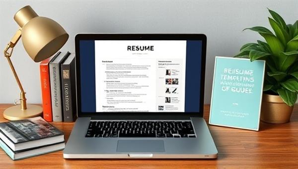 A virtual career coaching setup with a laptop displaying a polished resume template, career books, motivational quotes, and a professional attire guide, creating a focused and empowering atmosphere for career transitions.