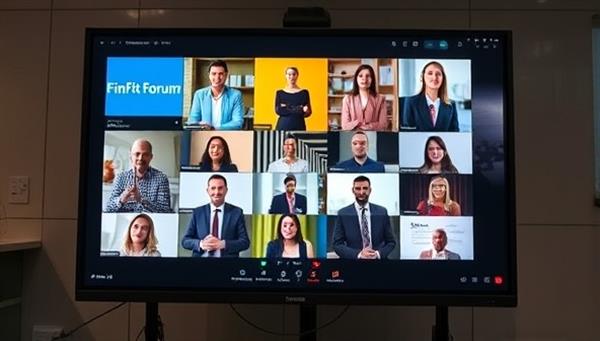 A virtual screen displaying a diverse group of professionals participating in a FinFit Forum financial workshop, with interactive Q&A sessions, financial tips scrolling, and engagement meters reflecting active participation and learning, fostering a sense of financial empowerment and community.