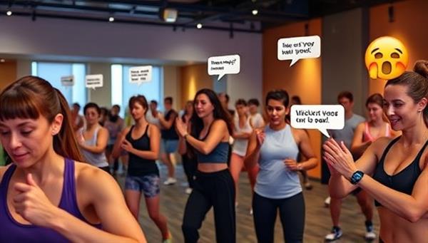 An energetic virtual fitness class scene with participants following a workout routine led by a virtual fitness coach, tracking their progress on digital fitness trackers, and cheering each other on with motivational messages and emojis, capturing the dynamic and supportive environment of FitFrenzy Challenge.