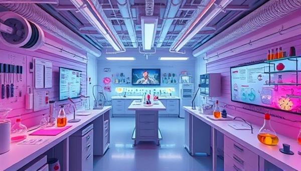An immersive VR simulation of a futuristic science lab filled with interactive experiments, virtual tools, and engaging challenges, illustrating the captivating and educational nature of the STEMVR Lab experience.