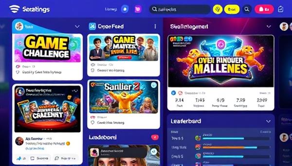 An engaging social media feed showcasing colorful and dynamic gaming challenges, user interactions, and leaderboard rankings, creating a sense of excitement and friendly competition among participants.