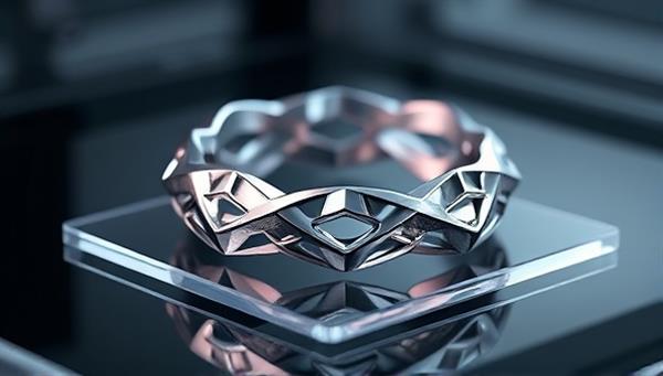 An artistic rendering of a sleek, modern jewelry piece being created layer by layer through 3D printing, highlighting the customization and innovation of the process.