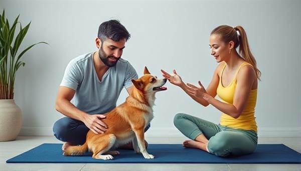 An inspiring image of a pet owner and their pet engaging in a virtual fitness coaching session, showcasing the pet performing exercises under the guidance of a virtual pet fitness coach, highlighting the importance of pet health and fitness coaching services.