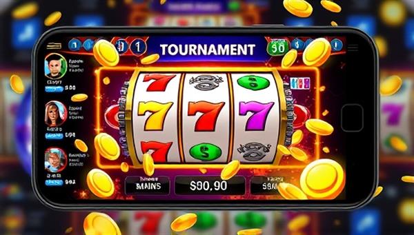 A vibrant and dynamic depiction of a virtual slot machine tournament on a mobile screen, with colorful reels spinning and virtual coins cascading, surrounded by competitive player profiles and tournament leaderboards, illustrating the engaging and rewarding gameplay experience of SlotMania Challenge for mobile gamers.