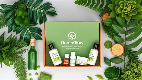 An aesthetically pleasing flat lay image of a GreenGlow Box filled with eco-friendly beauty products, surrounded by lush greenery and natural elements, symbolizing sustainability and wellness in a subscription box format.