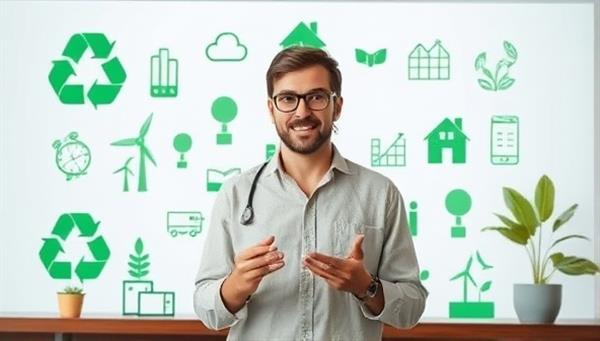 An eco-friendly image of a virtual sustainability consultant showcasing sustainable products and green solutions on a virtual presentation, surrounded by recycling symbols, renewable energy visuals, and nature-inspired elements, promoting eco-consciousness and environmental stewardship in virtual sustainability consulting.
